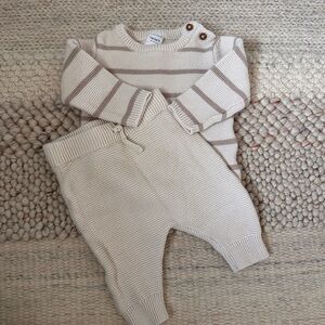 Carter's Cream Knit Baby Sweater & Pants Set with Taupe Stripes